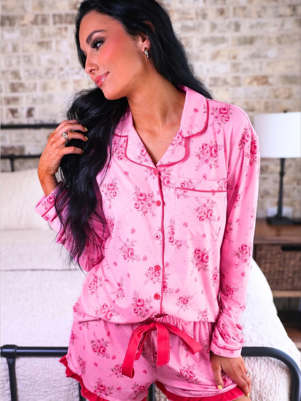 Floral Pink Two-Piece Pajama Set with Ruffle Trim